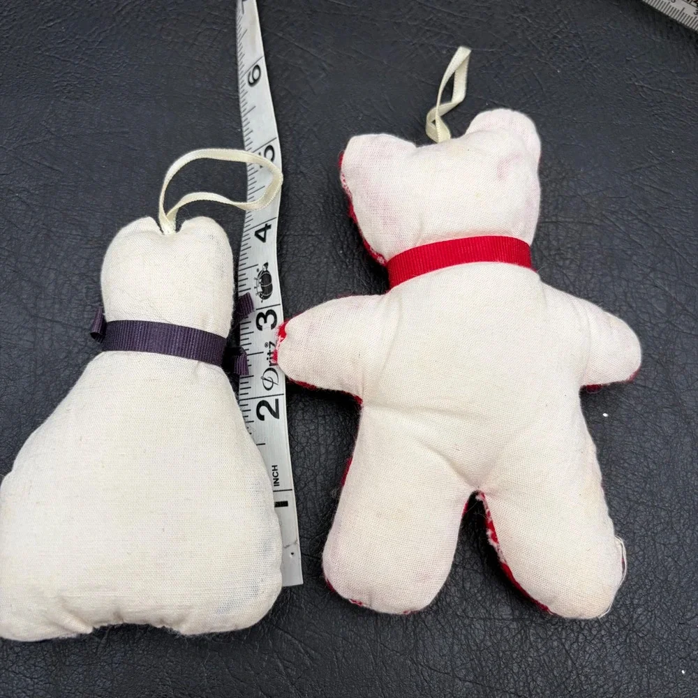 Vintage Handmade Fabric Ornaments Set of 2 Teddy Bear Doll Navy Woven Folk Art